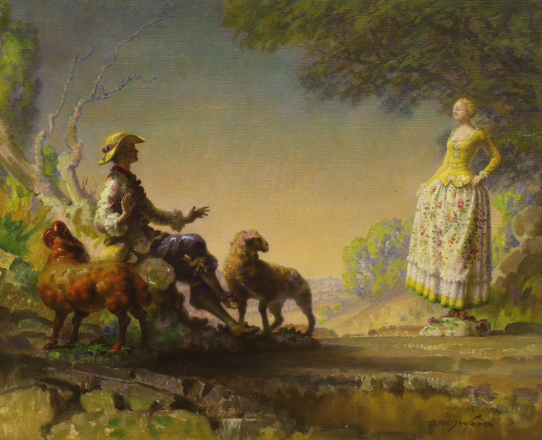 Orlando Greenwood RBA, (1892-1989), oil on canvas, Lady speaking to a shepherd, signed, 45 x 56cm, unframed